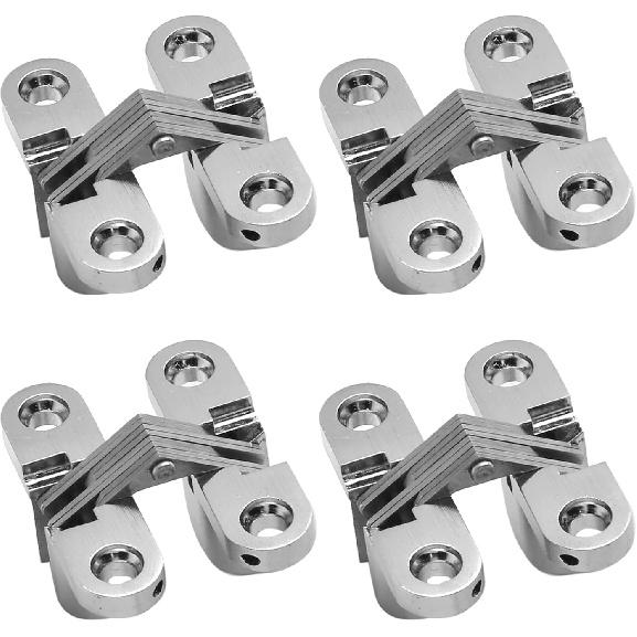 1-3/4" Hidden Hinge Stainless Steel 180 Degree Invisible Cross Hinges for Kitchen Cabinet Door Frameless Concealed Hinge with Screws, 4pcs