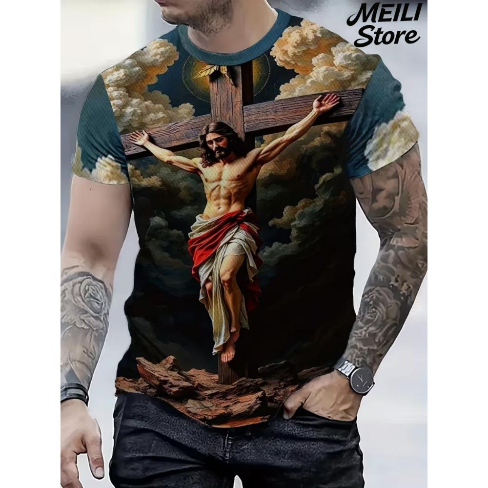Herren 3D Jesus Druck T-Shirt Kurzarm Lässig Rundhals Betende Hände Design T-Shirt für Männer Neu im Oversized T-Shirt Oberteile