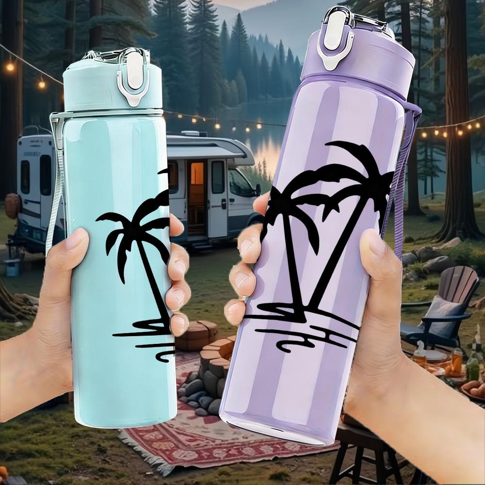 1PC Palm Tree Island Beach Silhouette Print 750ml Color Plastic Sports Water Bottle Leakproof Flip Straw Lid Suitable for Sports Office Home Use