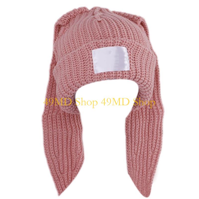 49MD Rabbit Knit Hat Skullies Beanie Long Ear Hat Crochet Knitted Hat Bunny Hat Rabbit Ears Hats For Women Winter Warm розовый