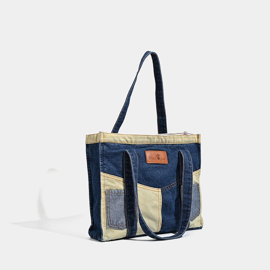 Bags Women'S Large-Capacity Tote Bags Irregular Fashion Shoulder Bags Washed Denim Splicing