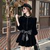 Autumn French celebrity fashion Hepburn waist small black dress women's niche rich daughter small fragrant wind velvet dress