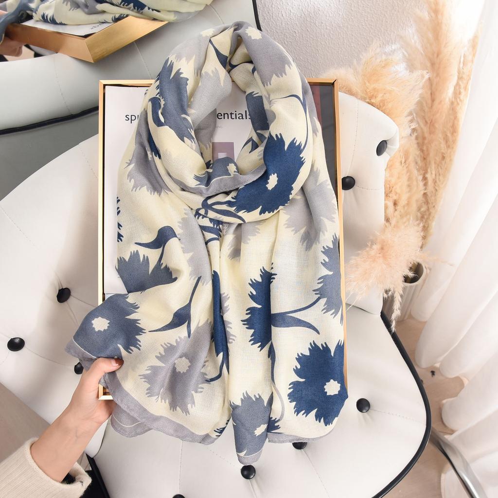 Imitation Cotton and Linen Scarf for Women In Spring and Summer Fashion Thin Pastoral Style Floral Printed Silk Scarf High-end Temperament Shawl