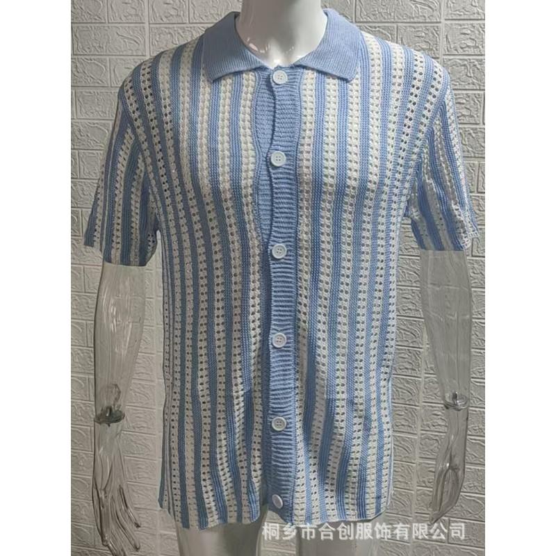 2026 Striped Color Block Knit Cardigan Short Sleeve Lapel Top Men Plus Size