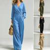 Solid Color Women Set Women's Long Sleeve 2 Piece Sets, Irregular Hem V Neck Top Casual Outfit And Wide Leg Pants Matching Travel Vacation Outfits
