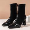2026 Fall/Winter New Stretch Skinny Boots Black High Heeled Booties Pointed Toe Versatile Mid Heel