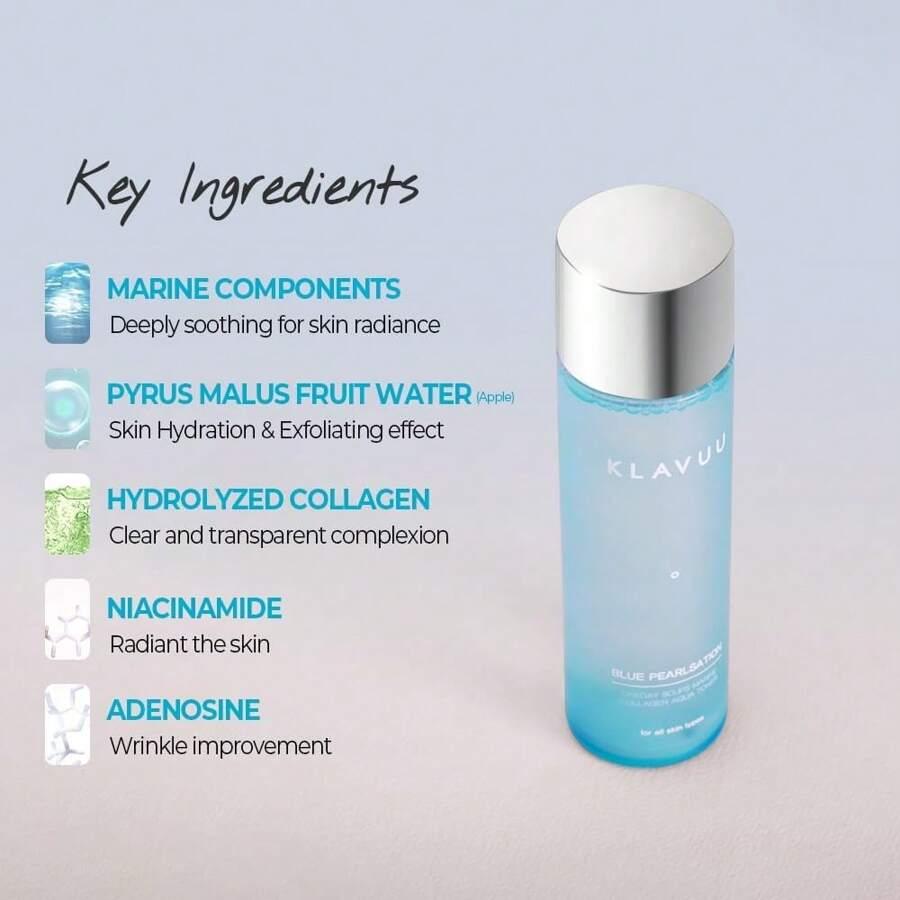 KLAVUU Blue PEARLSATION ONE Day 8 Cups Marine Collagen Aqua Toner 140ml - Deeply Hydrating & Soothing For Skin Radiance