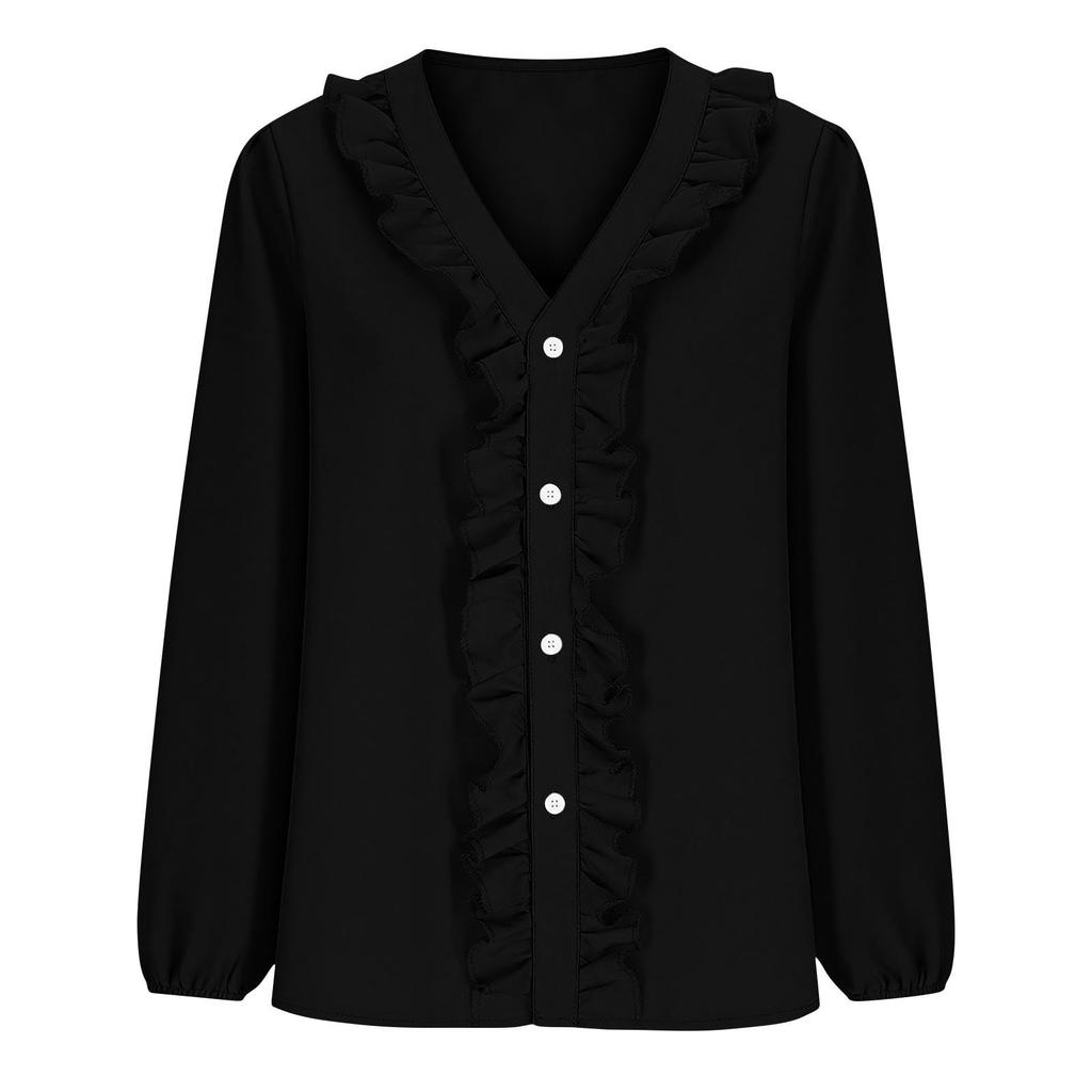 Long Sleeve Ruffle V Neck Button Down Blouse for Women Casual Ladies Tops and Blouses Cute Tops for Women Dressy Tops for Women