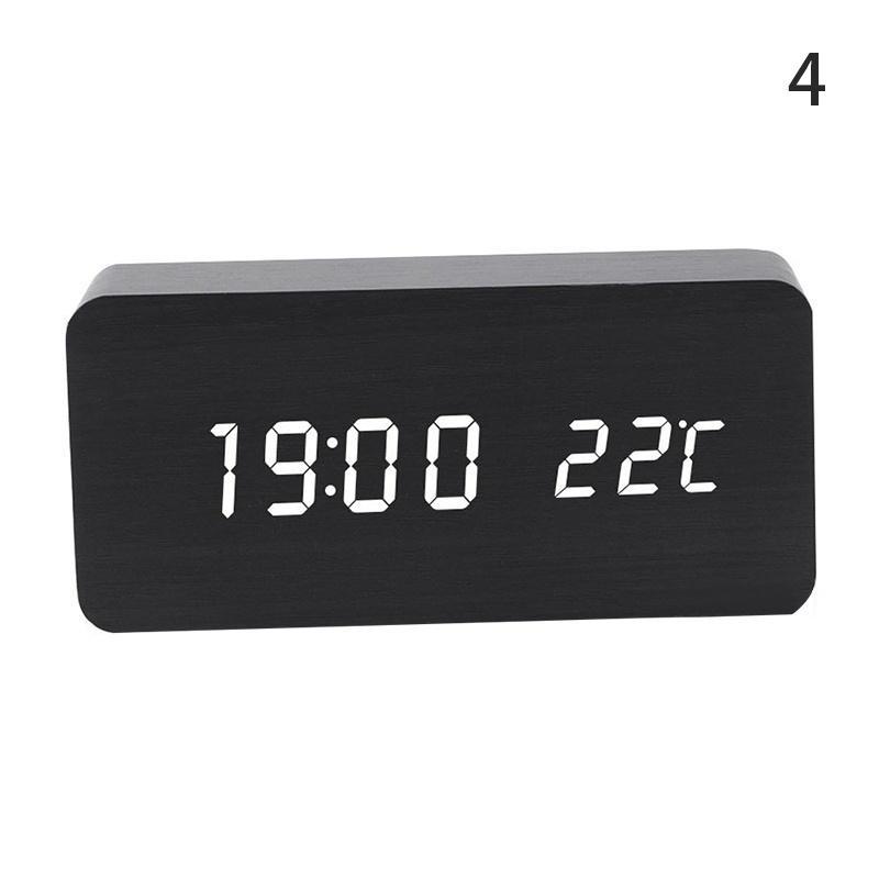 LED Wooden Alarm Clock Time Thermometer Snooze Voice Control Digital Table Clock