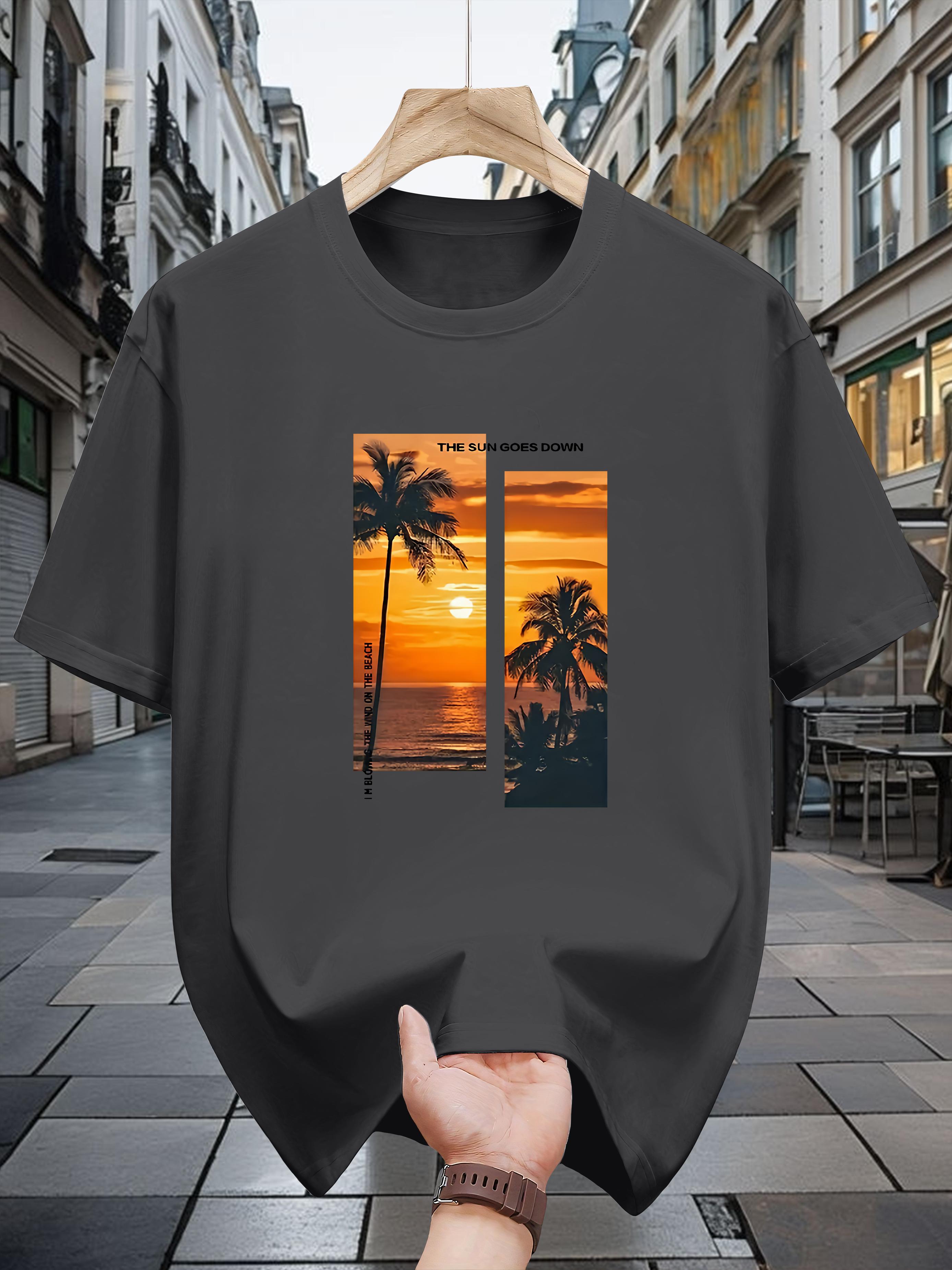 Niuwang Selection 200g 100% Cotton Short Sleeve T-shirt - Black Geometric Tropical Sunset Print XXXL