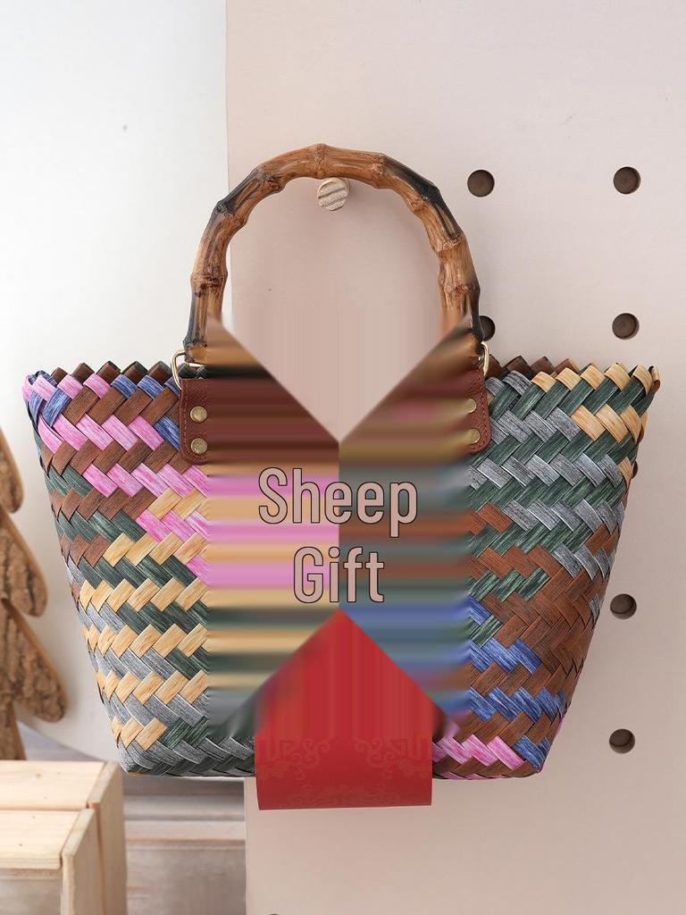 Women's Bamboo Handle Woven Beach Tote Bag