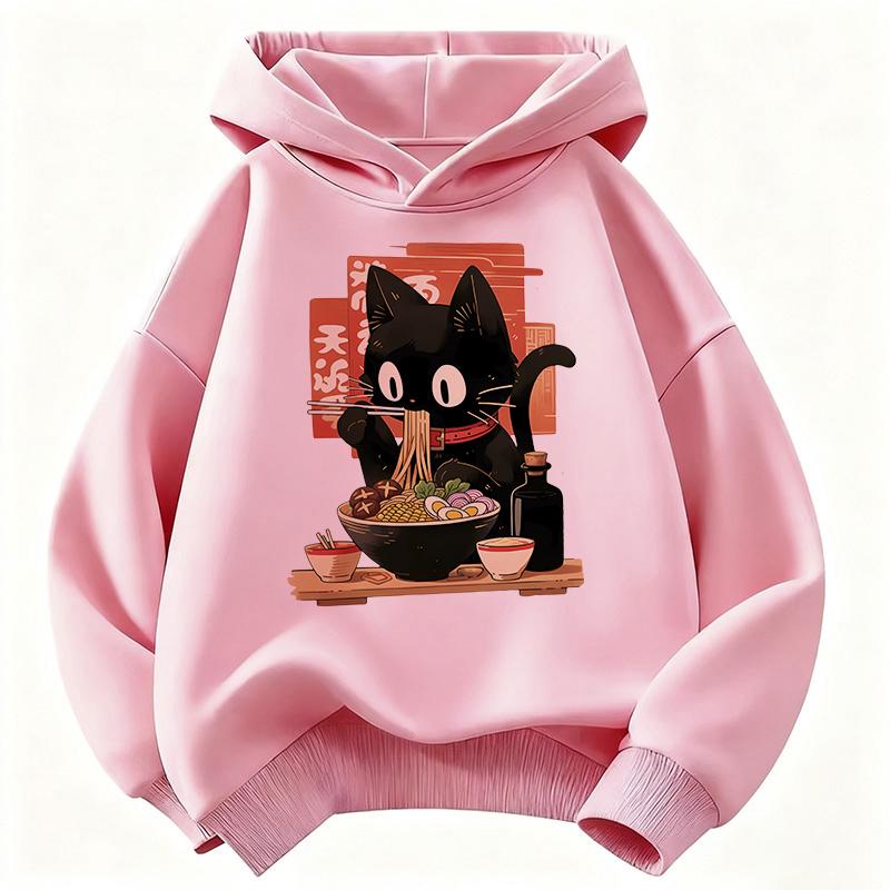 Sudadera con Capucha Vintage de Gato Ramen para Niños, Sudadera Linda de Manga para Niños y Niñas, Sudadera Casual de Otoño Invierno