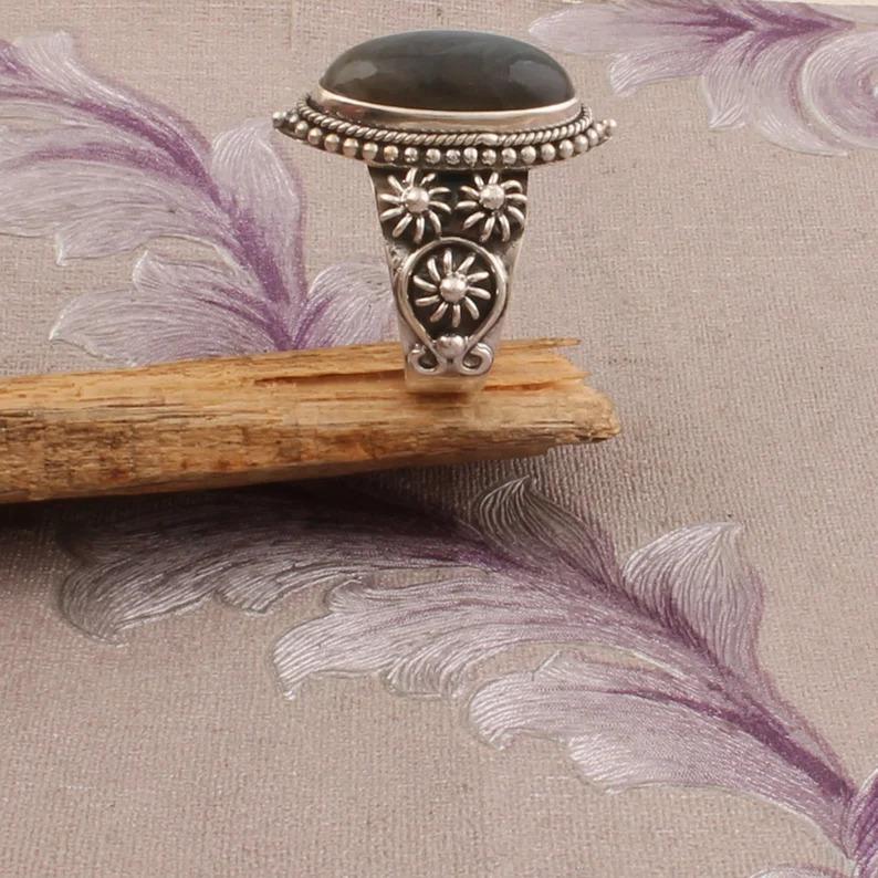 Labradorit-Edelsteinring aus 925er Sterlingsilber, massiver Stein, Statement-Ring für Frauen, Geschenkidee, Edelsteinschmuck, ca. 7,68 g