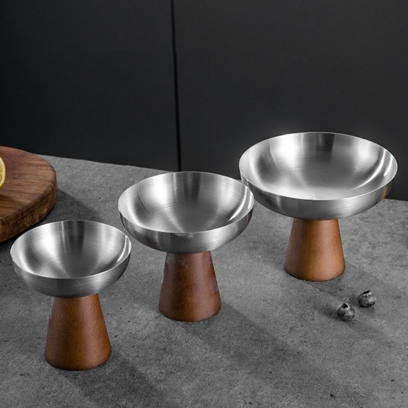 Premium Stainless Steel Dessert Cup With Wooden Stand High Footed Serving Dish Ideal For Ice Cream And Salad