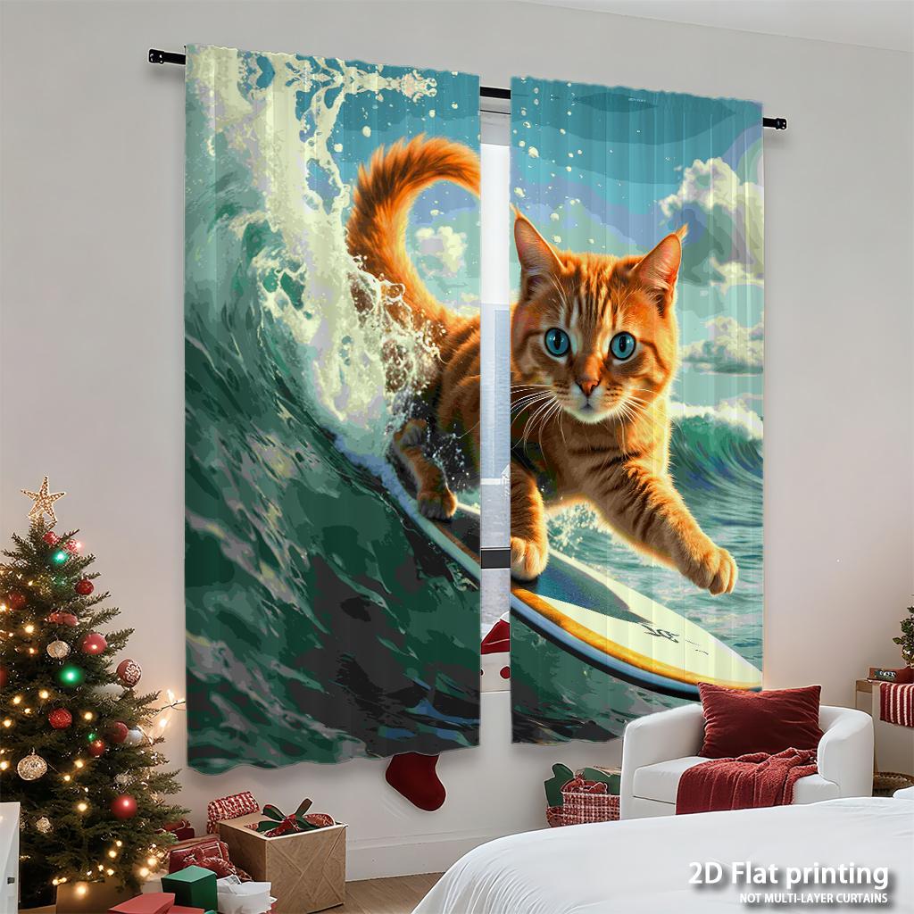 Piece Set High Definition Digital Printed Curtainsorange Tabby Cat Surfing Wave Colorful Vibrant Dynamichome Decoration Curtain Polyester