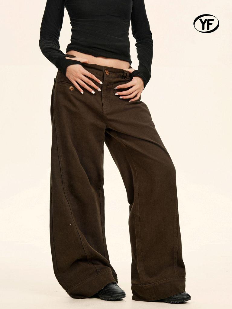 Yongfang Unisex Retro Wide-Leg Work Pants with Button Pocket Design