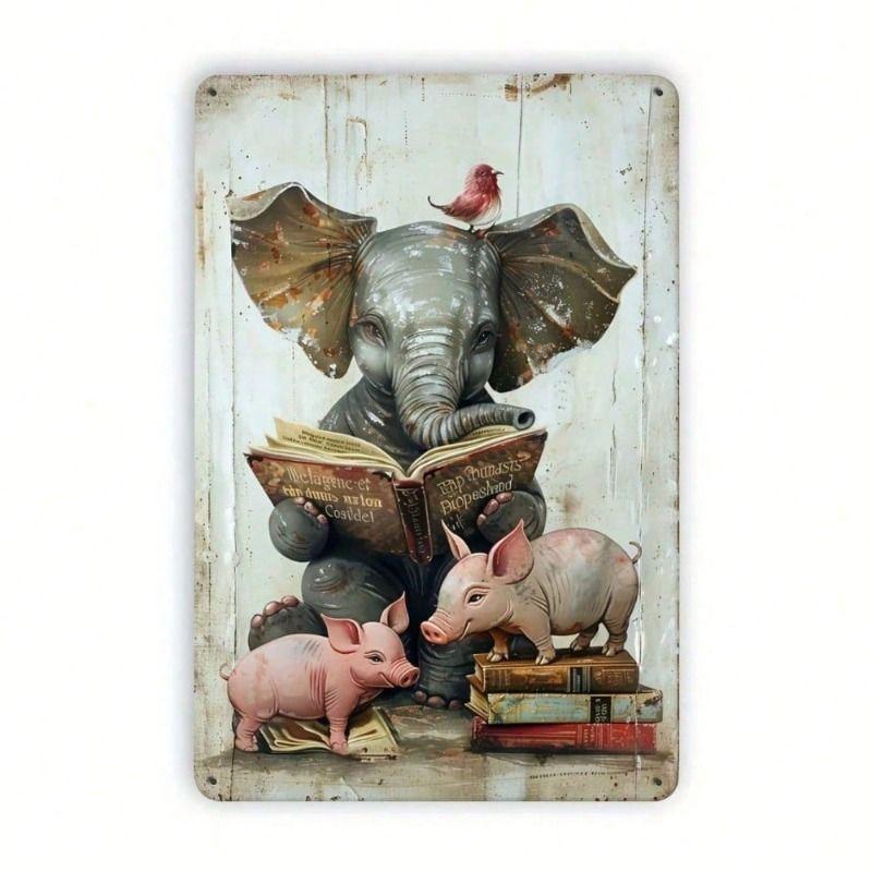 

Metal Poster Reading Elephant Pigs Farmhouse Wall Decor Living Room