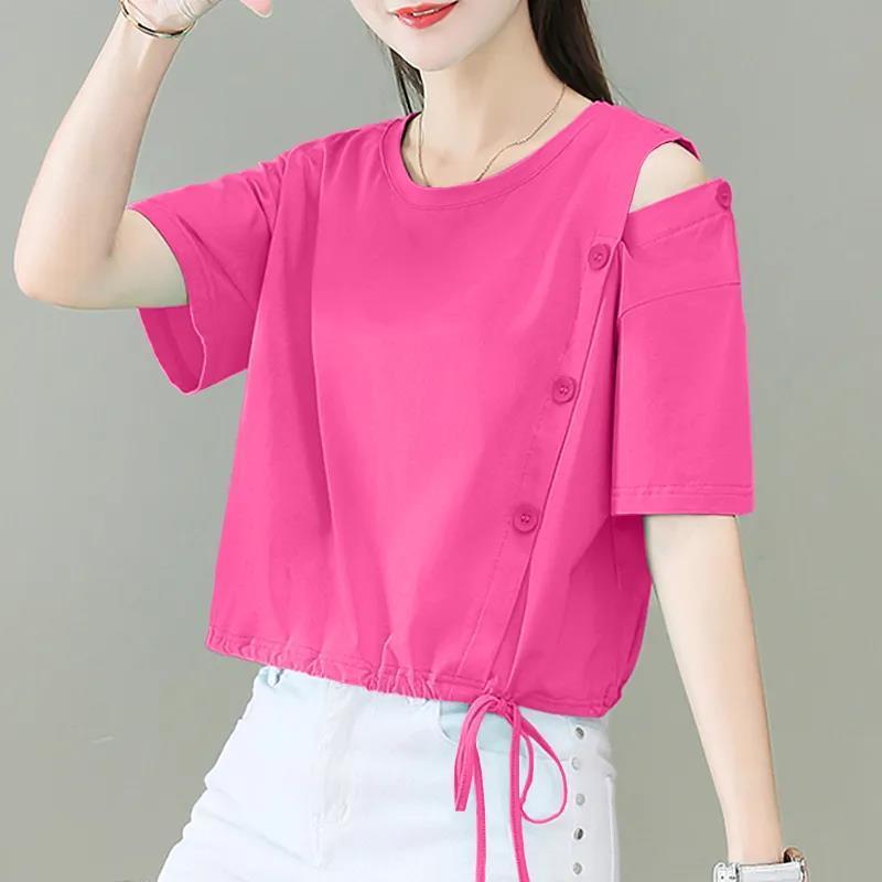 Short Loose Fitting T-shirt Women's Solid Color Summer High Waisted Short Sleeved Off Shoulder Top