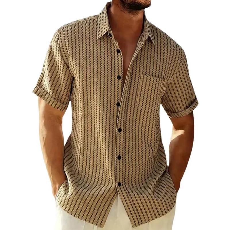 Men's Summer Casual Knitted Shirt Short Sleeve Striped Hawaiian Beach Top Fashionable Blouse
