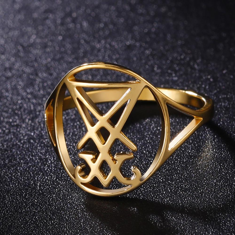 Dawapara Leviathan Cross Ring Stainless Steel Church Seal of Lucifer Alchemical Symbol Gothic Jewelry