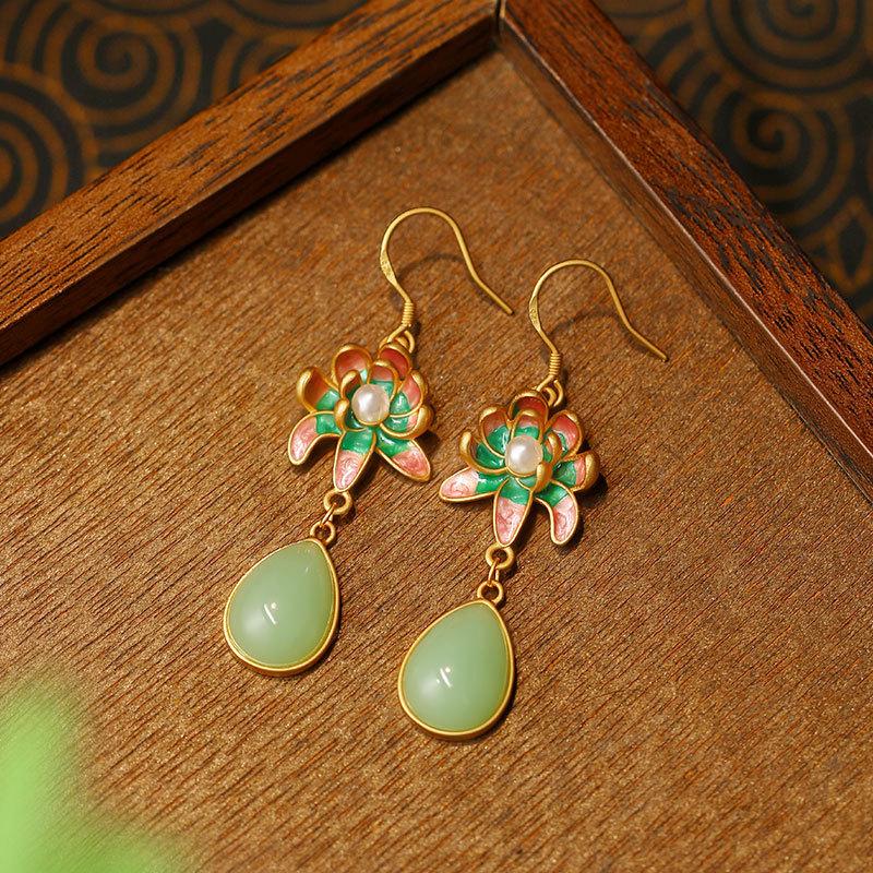 Orchid Enamel & Gilded Water Drop Earrings – Hanfu Qipao Style for Women