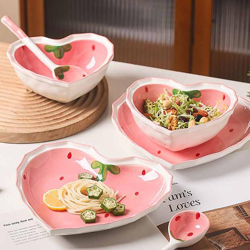 Strawberry Bowl Spoon Plate Set Beautiful Girl Heart Bowl Salad Bowl Dessert Household Tableware