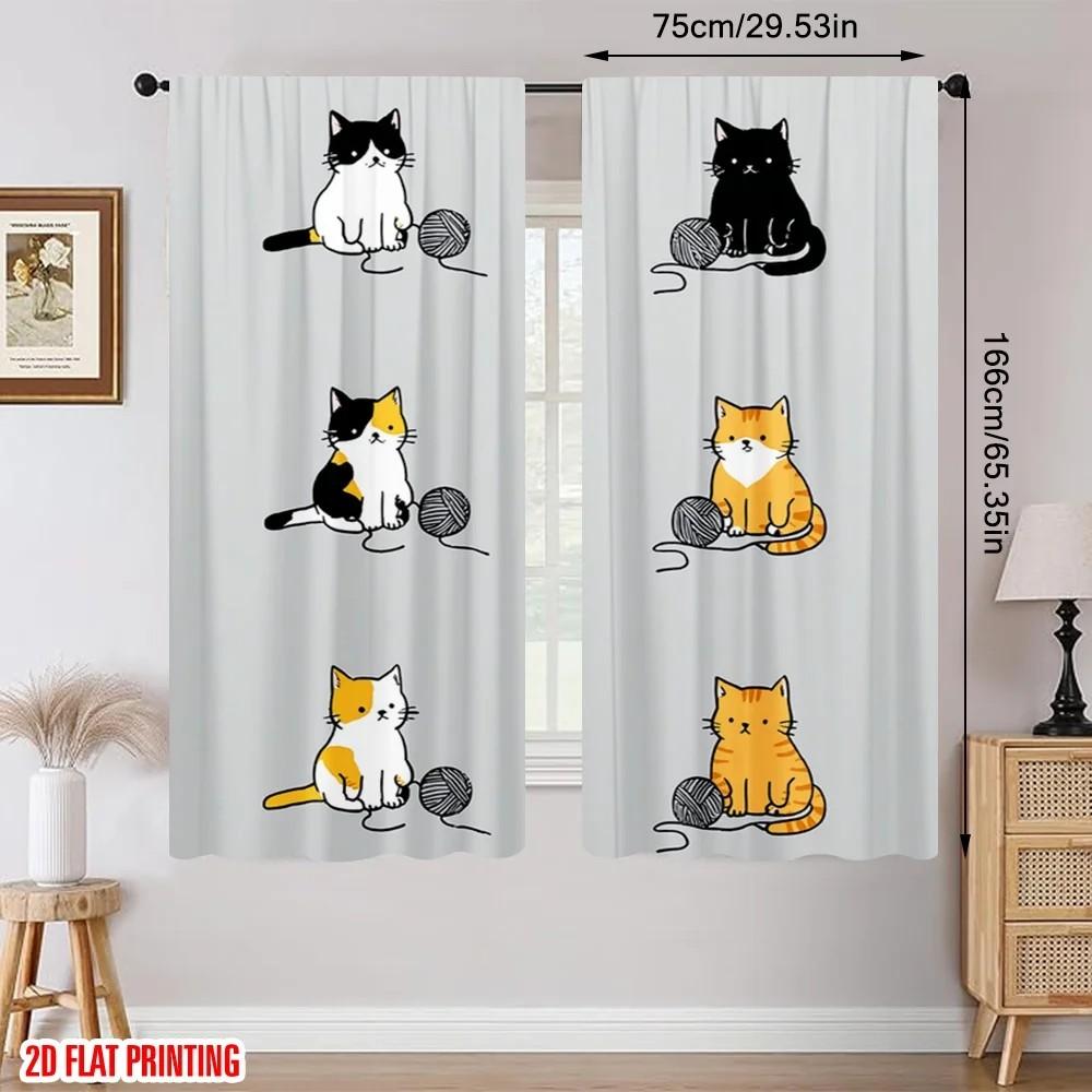 Set Of 2 Cartoon Cat Print Curtain Polyester Drapes Home Decor Kids Room Window Treatment With Rod Pocket Blackout Perfect For