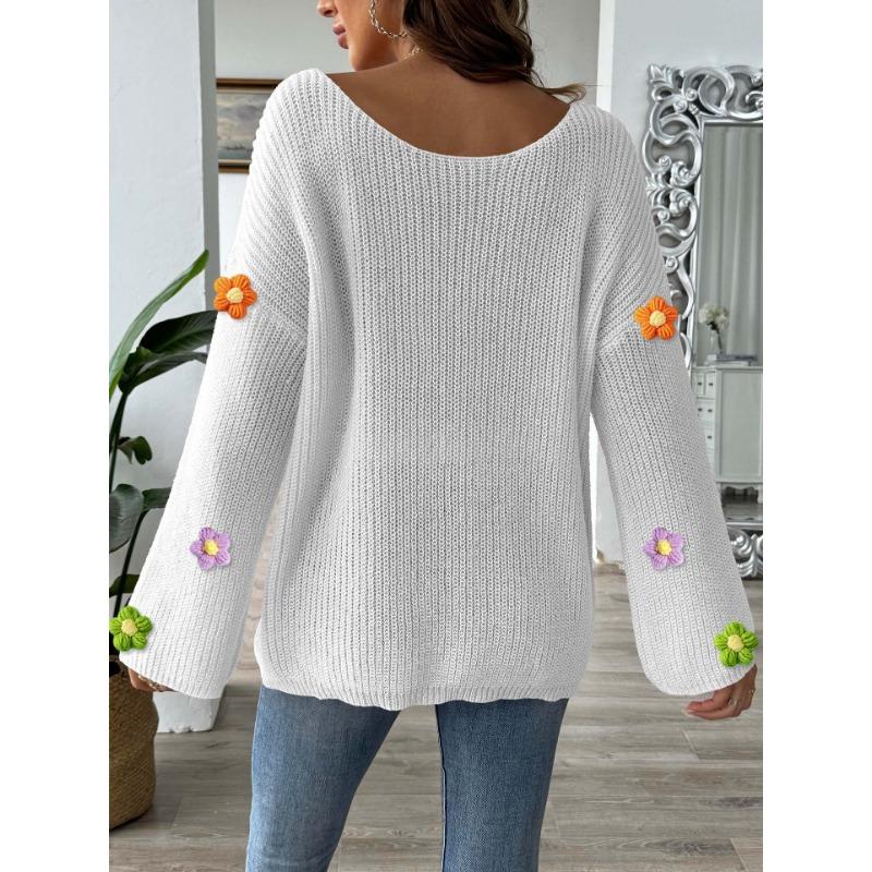 Women's Autumn/winter Hand-hooked Floral Patchwork Sweater with Simple Loose One-line Neck Off-the-shoulder Flared Sleeves