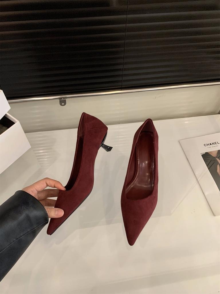 Stiletto High Heels Spitze Wildleder Einzelne Schuhe Frühling und Herbst Kitten Heel mit Rock Pendler Schuhe