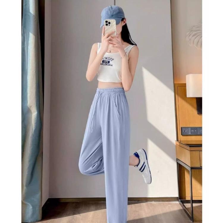 Womens Quick Dry Sports Pants Summer High Waist Cooling Ice Silk Breathable Casual Trousers