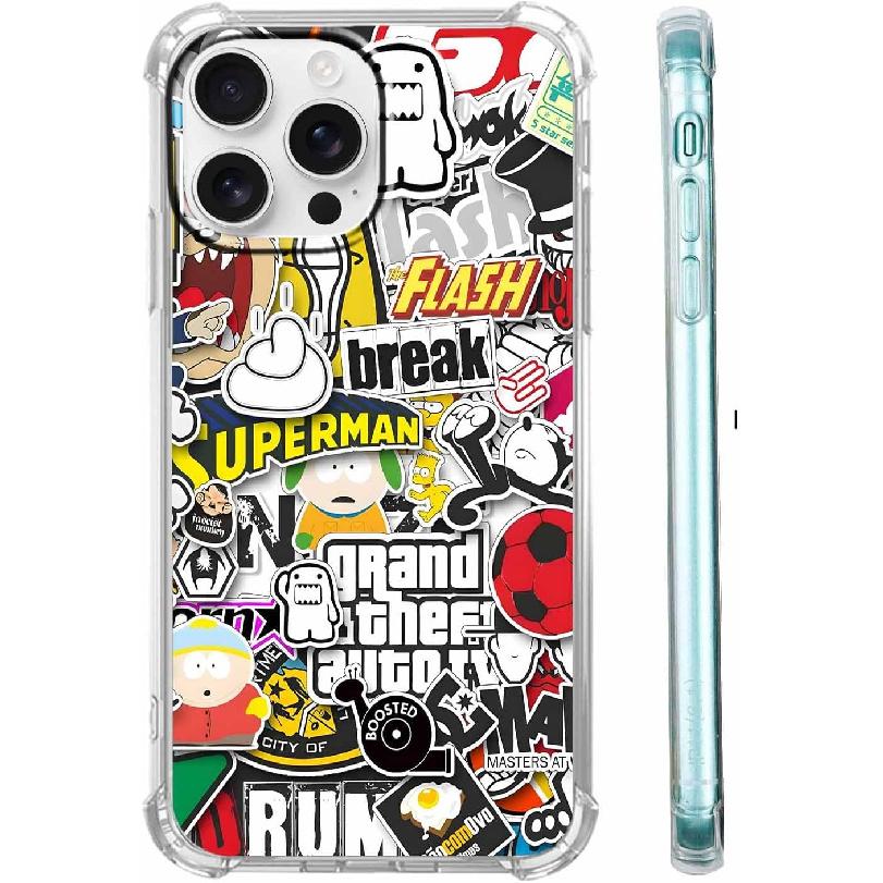 for iPhone 16 Pro Max Case with Pop Culture Design,Aesthetic Cartoon Pop-Art Sticker Bomb Collage Pattern Case for Men Women,Clear Slim Soft TPU