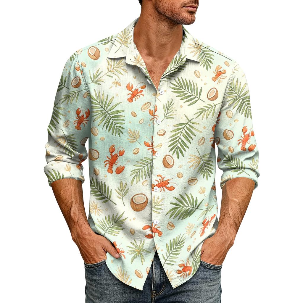 Chemise Hawaïenne Manches Longues Imprimé Homard pour Homme, Col Boutonné, Chemise Décontractée pour Plage, Vacances d'Été et Activités en Plein Air