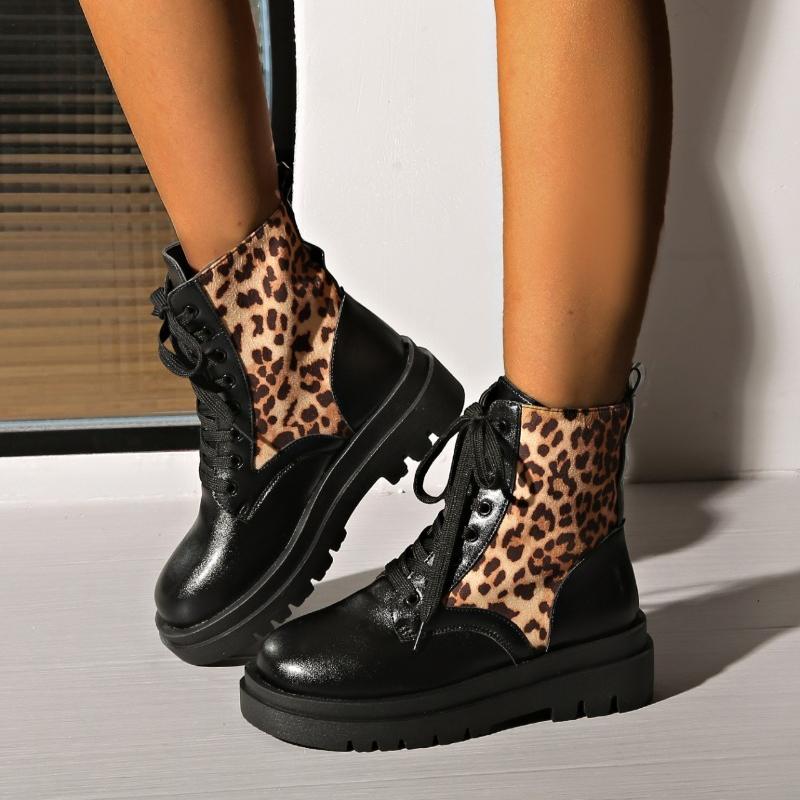 Winter New Large Size Korean Version Trend Fashion Thick-Soled Boots British Wind Locomotive Leopard Pattern Versatile