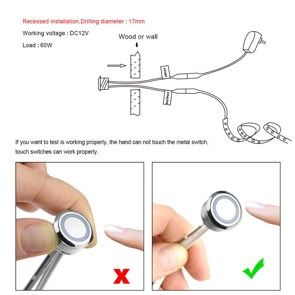 DC12V-24V Recessed LED Light Touch Switch Stepless Dimmable Touch Sensor Dimmer For LED Strip Light DIY Bed Closet Cabinet Light