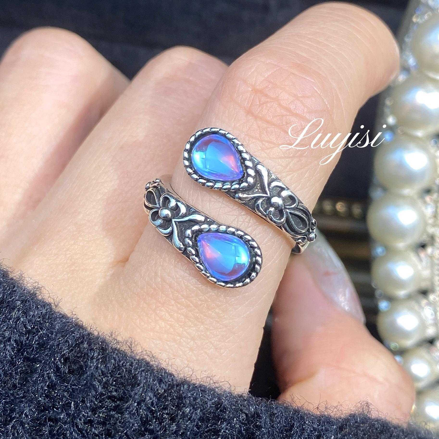 

Vintage black agate spoon, moonstone ring, women s simple fashion ring opening adjustable