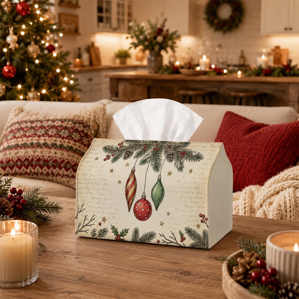 1pc Tissue Box Holder with Christmas Vintage Botanical Winter Design - Branch Bauble Ornament, Durable Polyester, Ideal for Kitchen, Living Room, Bedr