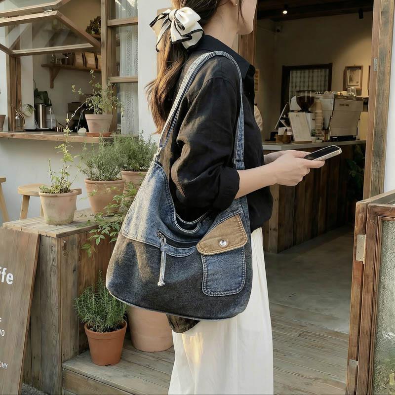 New Fashi Denim Shoulder Bag Casual Patchwork Crossbody Bag Large Capacity Trendy Fashiable and Versatile Commuting Bag