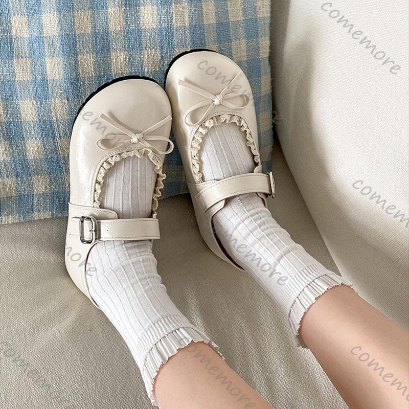 Świętuj czółenka Mary Jane z okrągłym noskiem w stylu japońskim Lolita Gothic z kokardą obuwie damskie jednokolorowe casualowe mokasyny damskie buty na płaskiej podeszwie