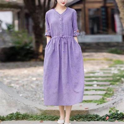 Medium Jacquard Embroidery V-neck Cotton and Linen Dress for Women's 2025 Summer Loose and Thin Lace-up Waist Long Skirt