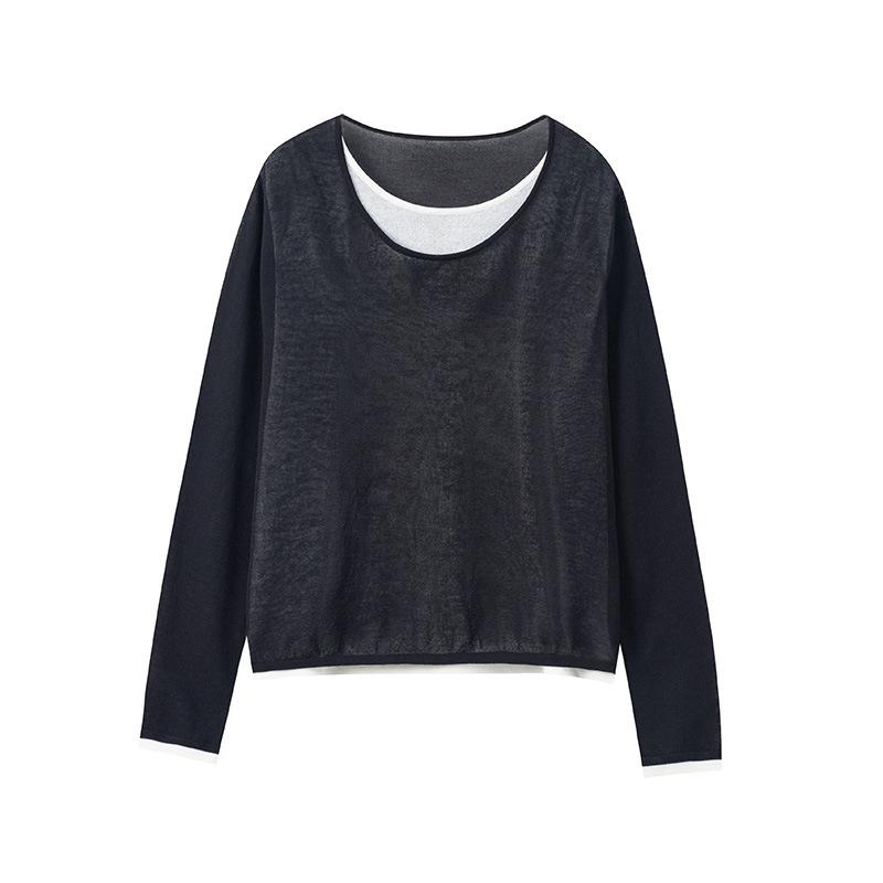 

Contrasting color fake two-piece crew neck pullover knitted sweater women s summer thin long-sleeved inner casual and thin bottoming shirt one size fits all чёрный