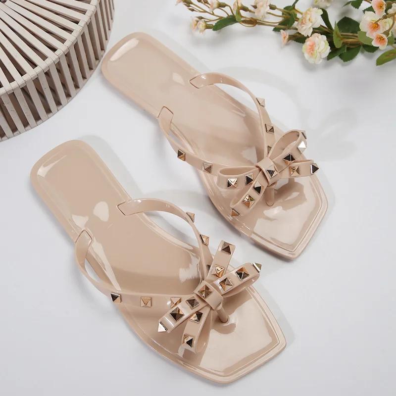 

Fashion 2025 Summer Korean Version Non-Slip Flat Bottom Bow Rivet Beach Slippers Clip Toe Cool Drag Women 41