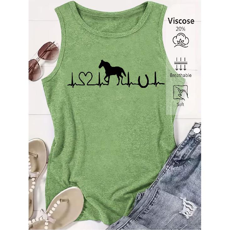 2026 Trendy Heartbeat Line Horse Silhouette Print Women Sleeveless Tank Top High Quality Casual Spring Summer Vest S трава зеленый
