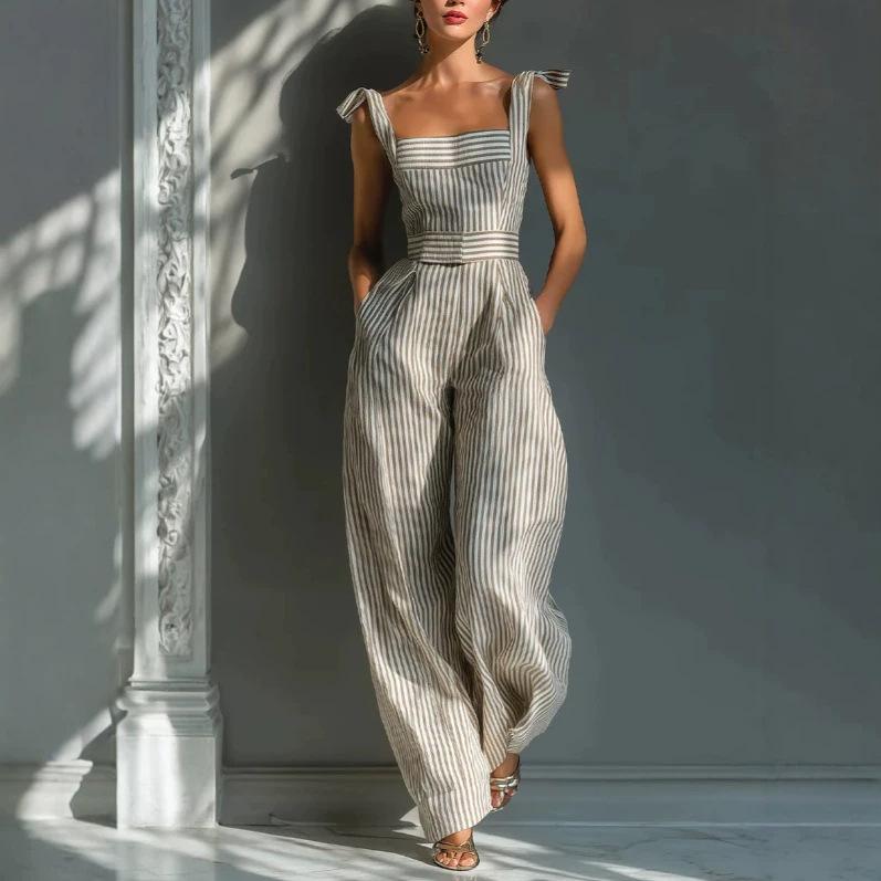 Summer new striped suspender pocket jumpsuit European and American high-waisted wide-leg jumpsuit women S