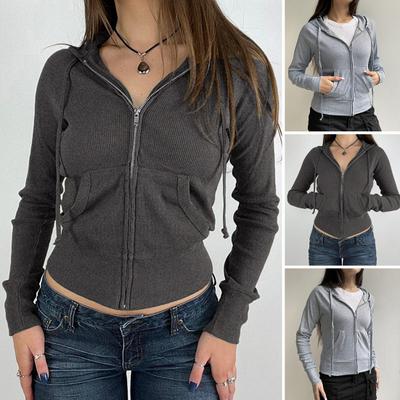 Autumn Spring Women Coat Hooded Drawstring Long Sleeves Pockets Zip-up Elastic Cuff Hem Slim Fit Sport Hoodie Casual Daily Wear Jacket