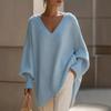 Women's V Neck Long Sleeve Knit Top Loose Fit Casual Mid Length Sweater Solid Cashmere Blend Jumper