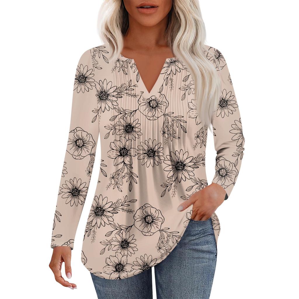 Damska Moda Casual Plisowana Koszulka z Dekoltem V w Jednolitym Kolorze z Długim Rękawem Eleganckie Bluzki