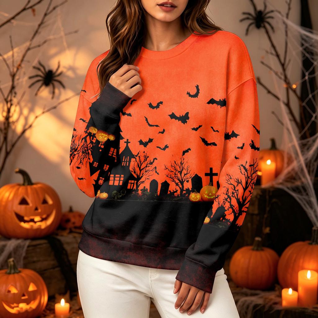 Women's Casual Long Sleeve Halloween Print Crewneck Sweatshirt