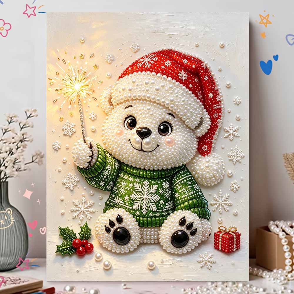 DIY Pearl Bead Painting Kit Christmas Bear Sparkler Stress Relief Craft Frameless 3D Canvas Art for Adults Home Decoration Gift