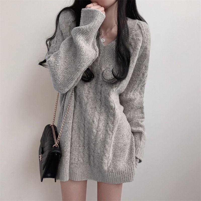 Herbst/Winter V-Ausschnitt Pullover Damen Mittellang Einfarbig Strickpullover