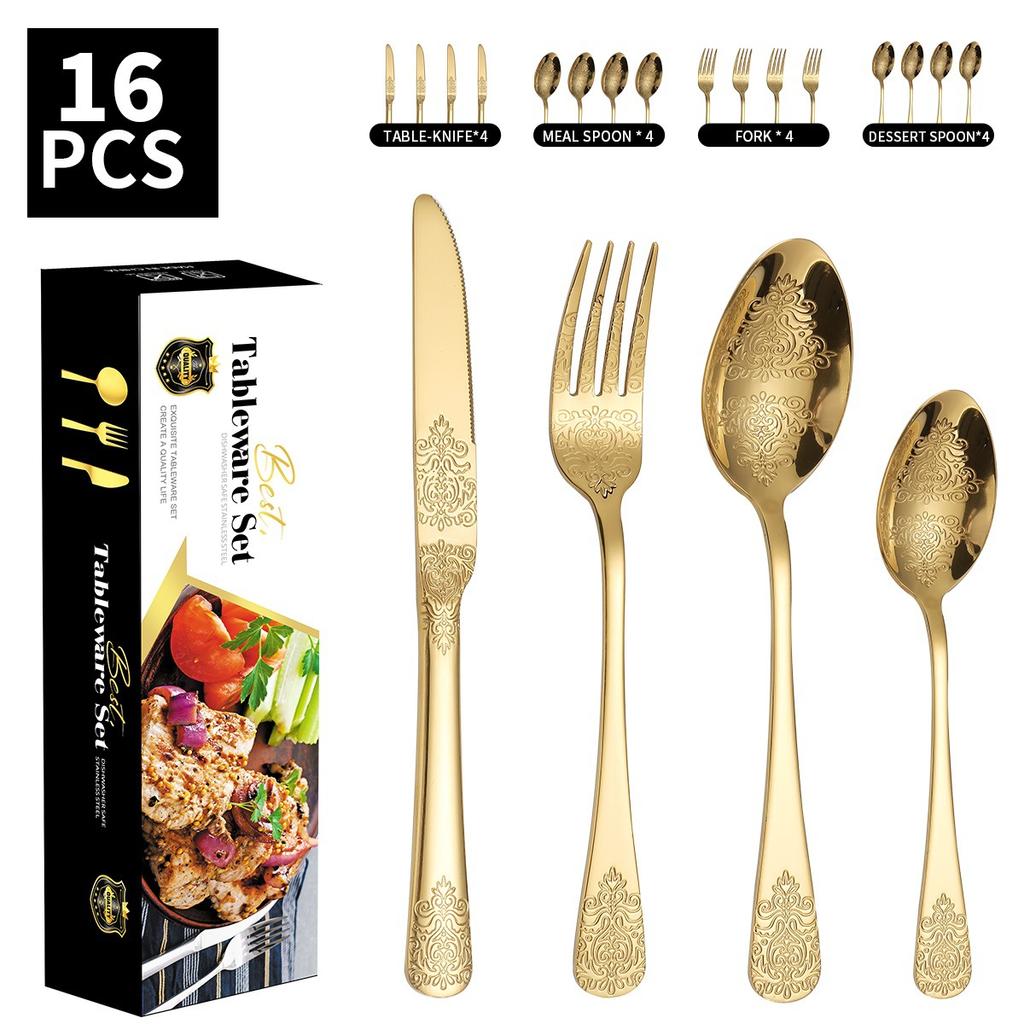 Thickened Pattern Stainless Steel Knife, Fork and Spoon Tableware 430 Double-Headed Pattern Knife, Fork and Spoon 24-Piece Set